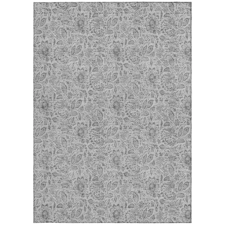 3' X 5' Silver Gray And Charcoal Floral Washable Indoor Outdoor Area Rug