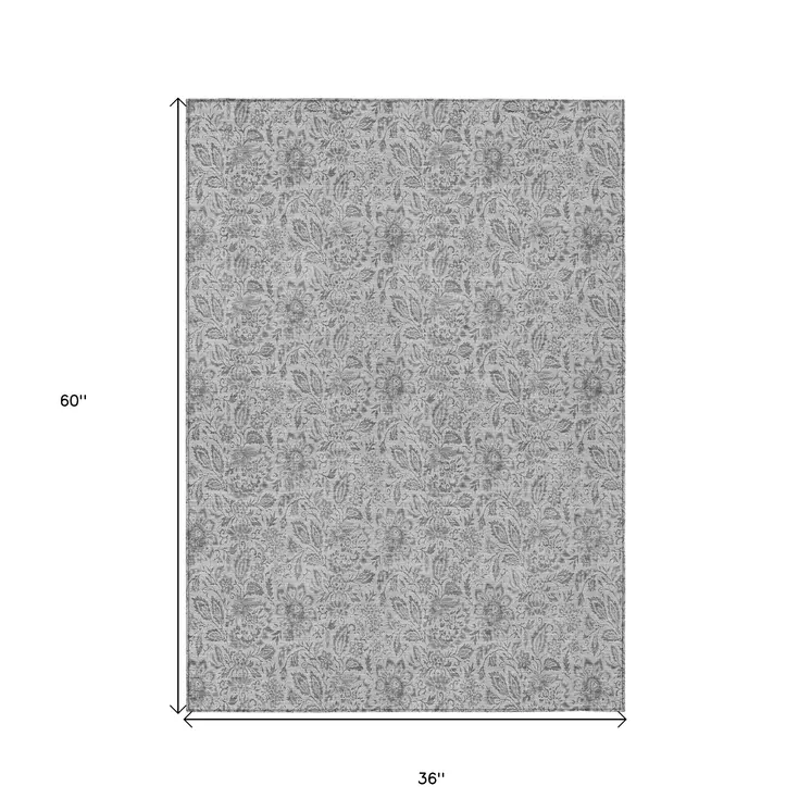 3' X 5' Silver Gray And Charcoal Floral Washable Indoor Outdoor Area Rug