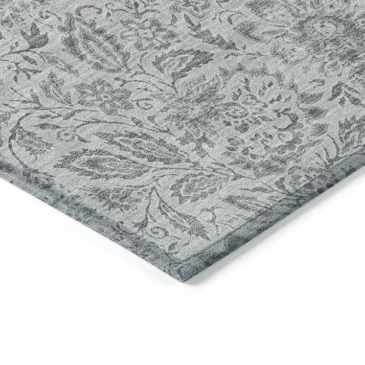 3' X 5' Silver Gray And Charcoal Floral Washable Indoor Outdoor Area Rug