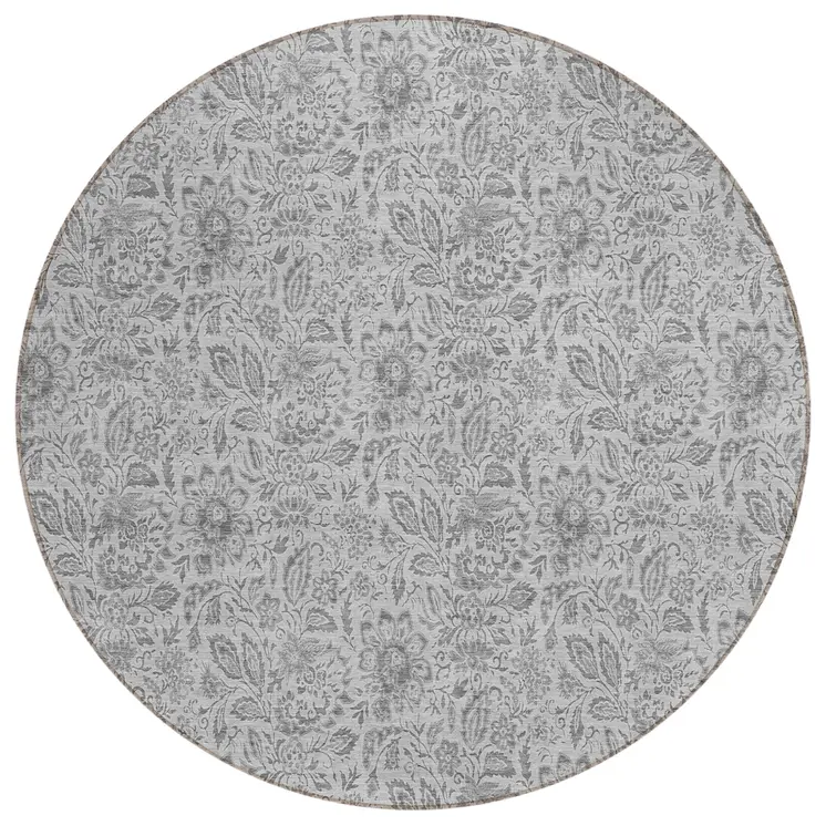 8' Silver Gray And Charcoal Round Floral Washable Indoor Outdoor Area Rug