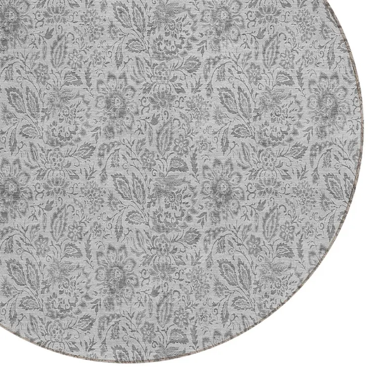 8' Silver Gray And Charcoal Round Floral Washable Indoor Outdoor Area Rug