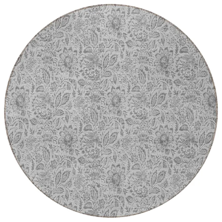 8' Silver Gray And Charcoal Round Floral Washable Indoor Outdoor Area Rug