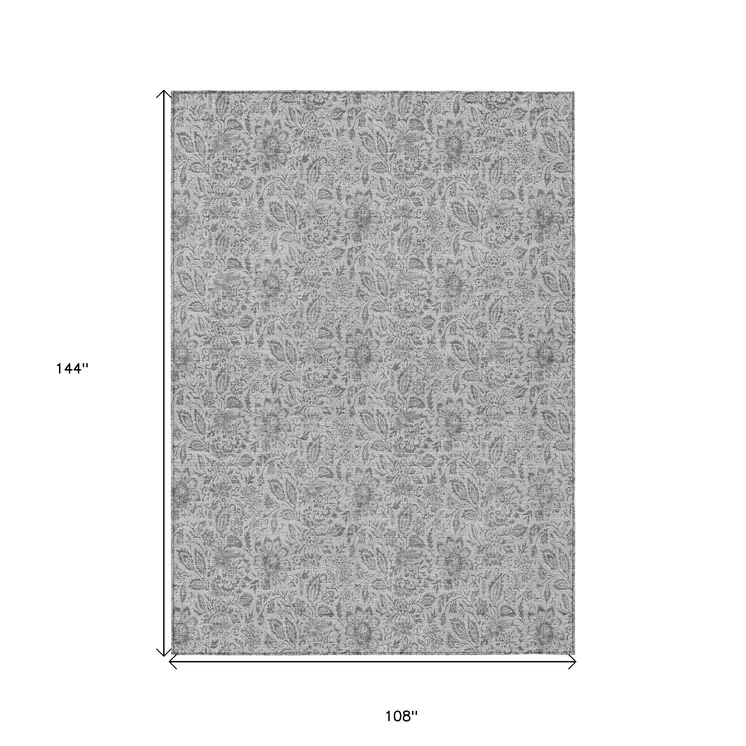 9' X 12' Silver Gray And Charcoal Floral Washable Indoor Outdoor Area Rug