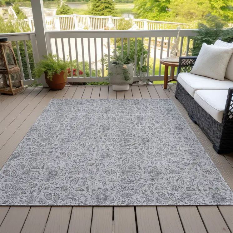 9' X 12' Silver Gray And Charcoal Floral Washable Indoor Outdoor Area Rug