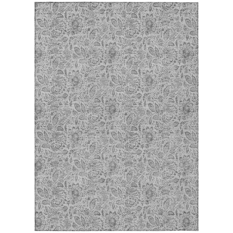 9' X 12' Silver Gray And Charcoal Floral Washable Indoor Outdoor Area Rug