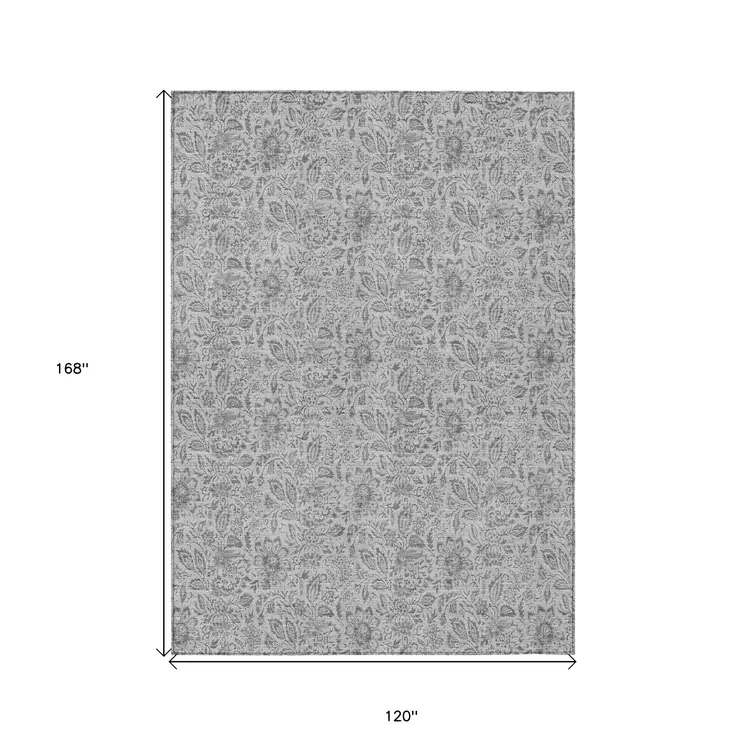 10' X 14' Silver Gray And Charcoal Floral Washable Indoor Outdoor Area Rug