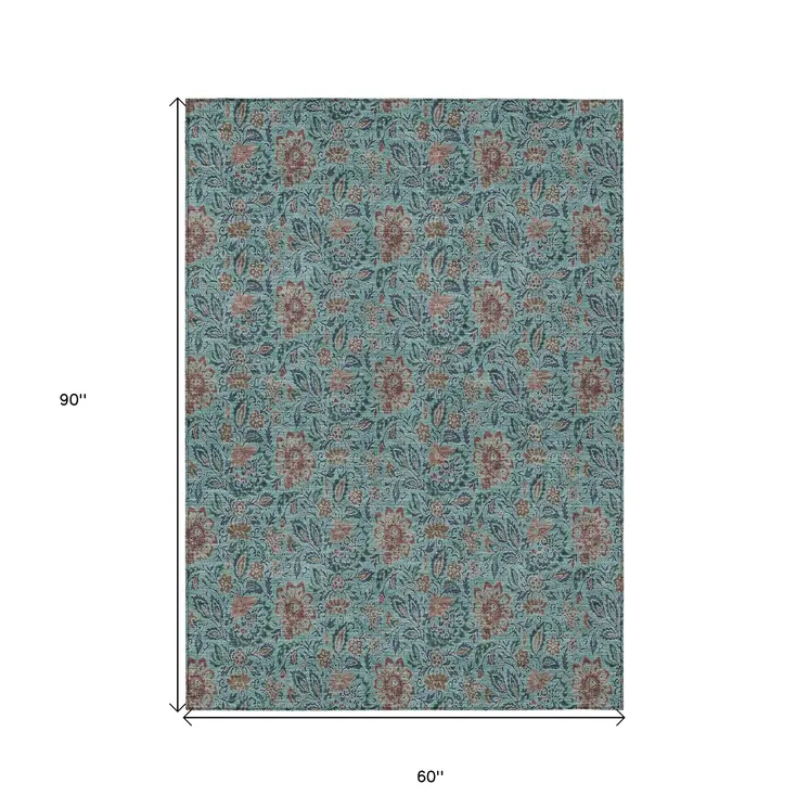 5' X 8' Teal Blue Brown And Taupe Floral Washable Indoor Outdoor Area Rug