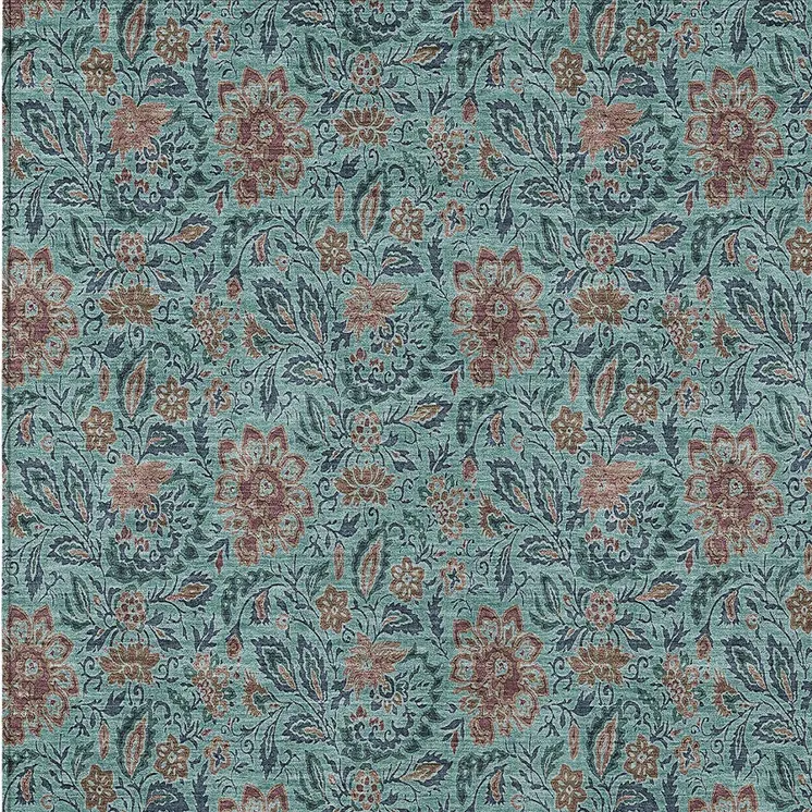 5' X 8' Teal Blue Brown And Taupe Floral Washable Indoor Outdoor Area Rug
