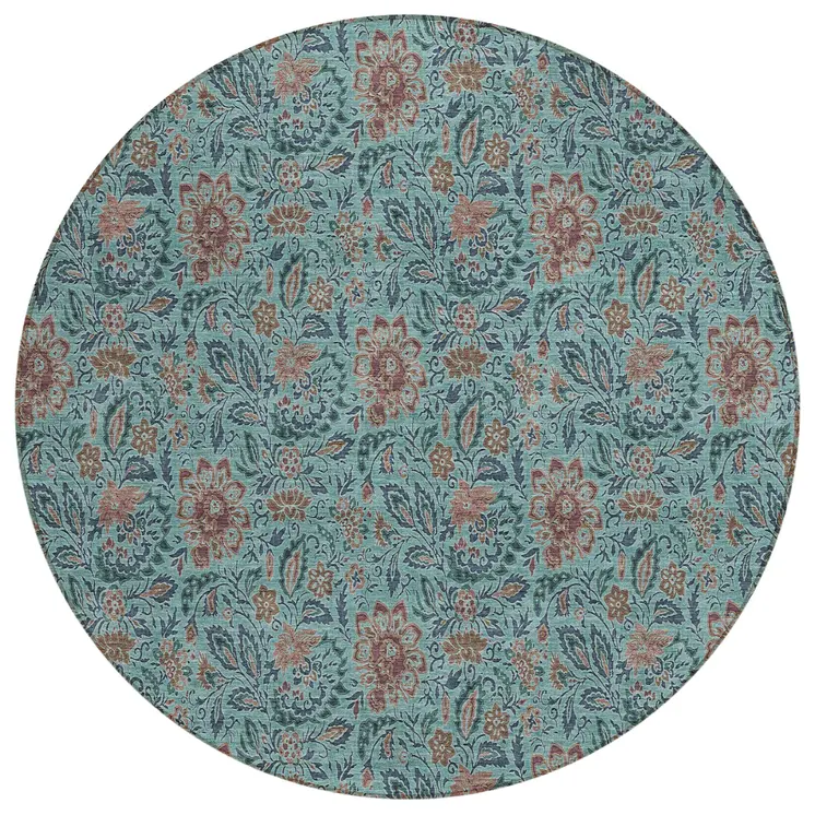 8' Teal Blue Brown And Taupe Round Floral Washable Indoor Outdoor Area Rug