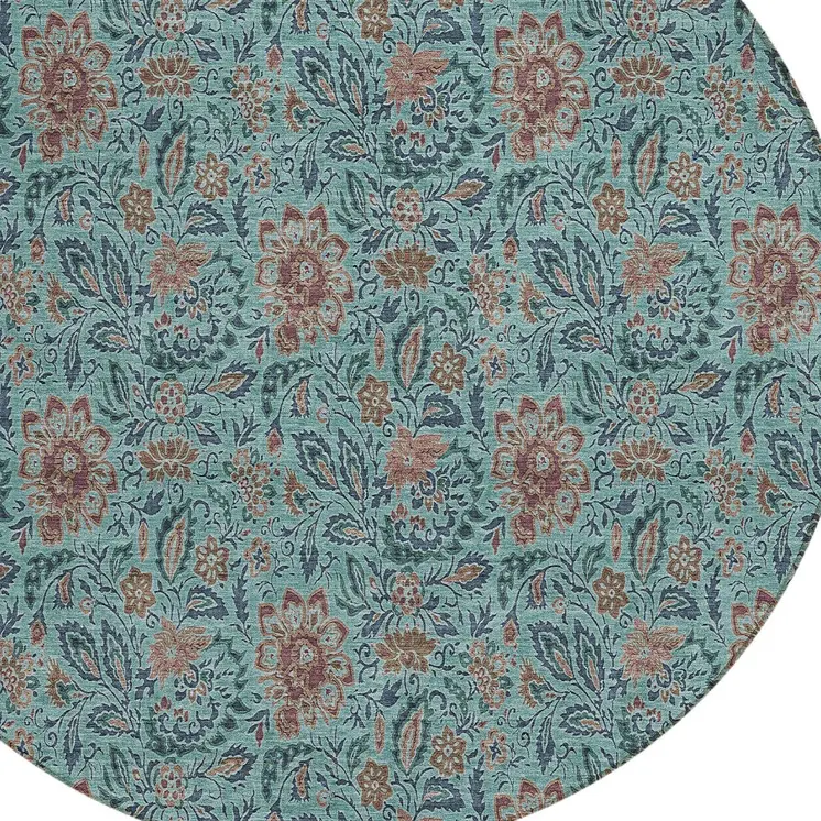 8' Teal Blue Brown And Taupe Round Floral Washable Indoor Outdoor Area Rug