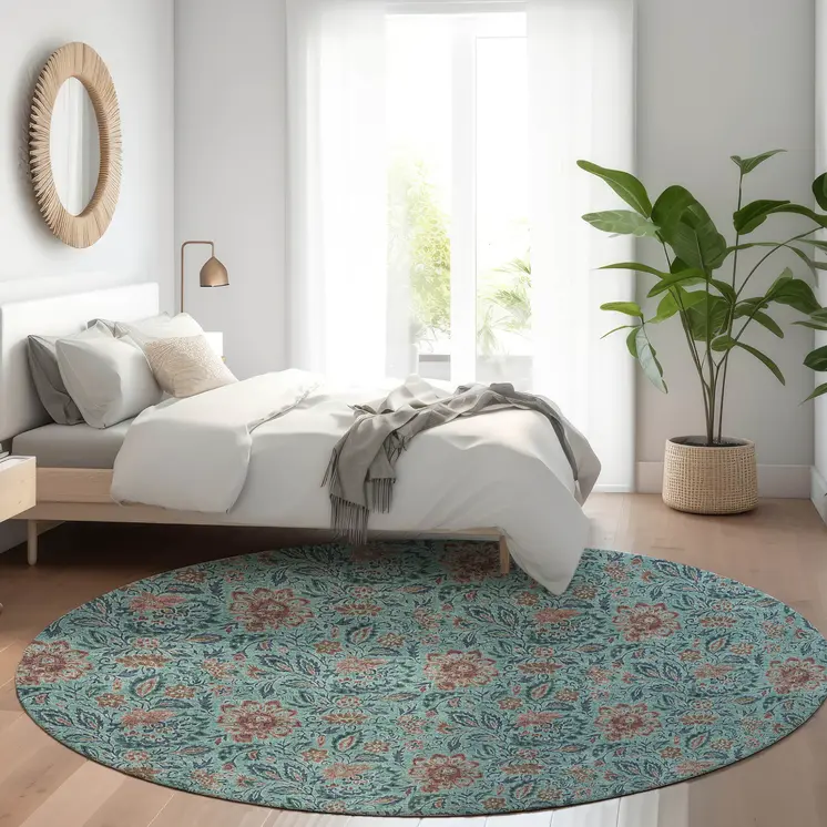 8' Teal Blue Brown And Taupe Round Floral Washable Indoor Outdoor Area Rug