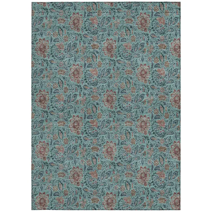 8' X 10' Teal Blue Brown And Taupe Floral Washable Indoor Outdoor Area Rug