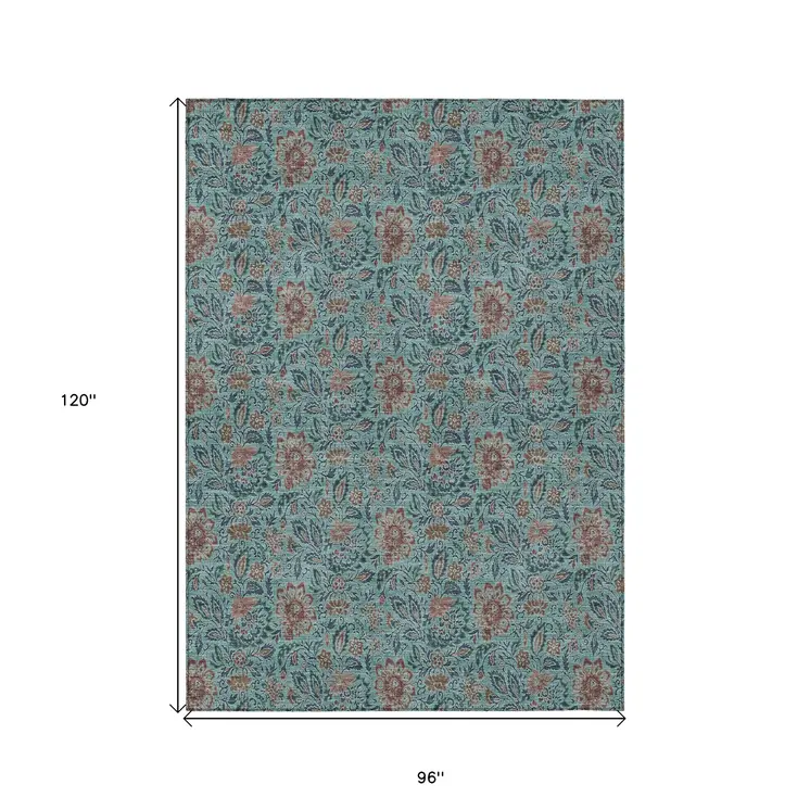 8' X 10' Teal Blue Brown And Taupe Floral Washable Indoor Outdoor Area Rug