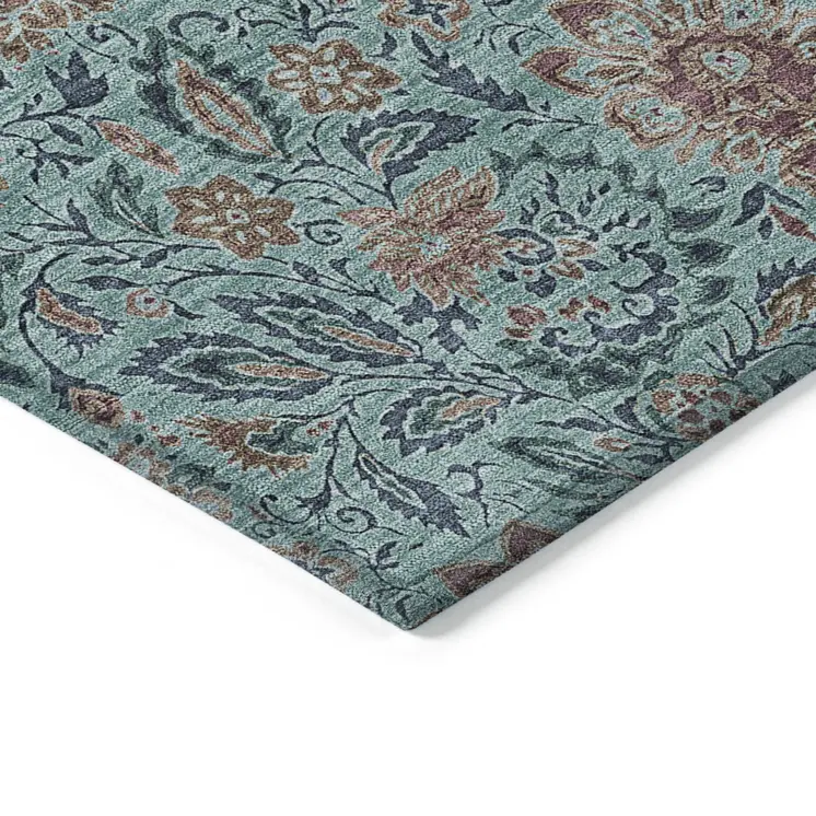 8' X 10' Teal Blue Brown And Taupe Floral Washable Indoor Outdoor Area Rug