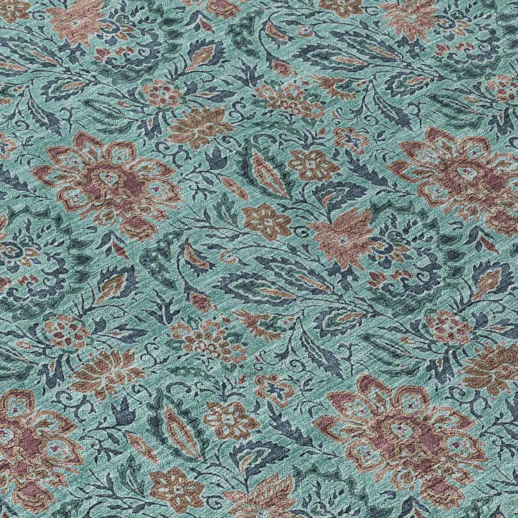8' X 10' Teal Blue Brown And Taupe Floral Washable Indoor Outdoor Area Rug