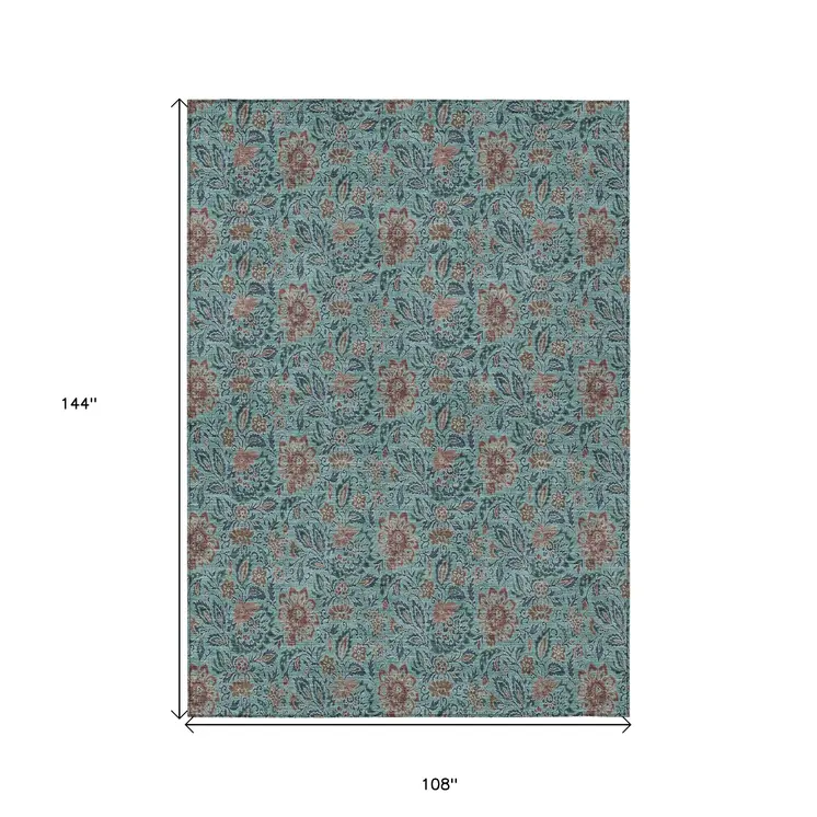 9' X 12' Teal Blue Brown And Taupe Floral Washable Indoor Outdoor Area Rug