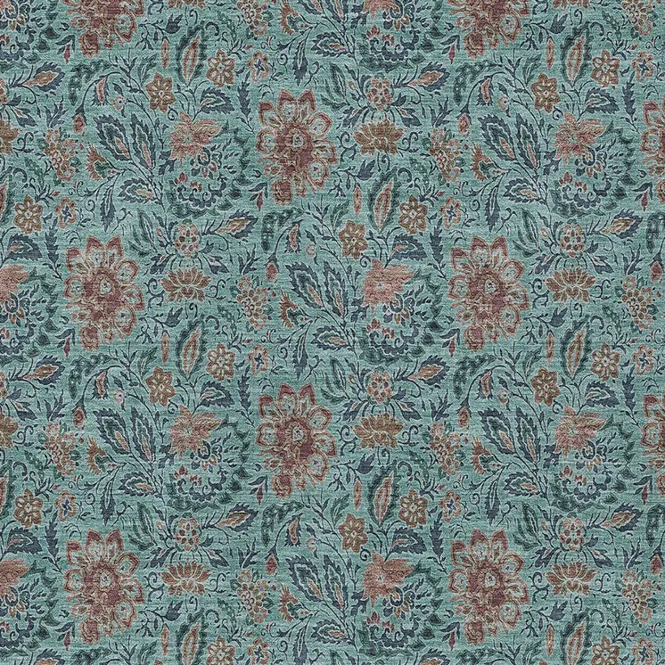 9' X 12' Teal Blue Brown And Taupe Floral Washable Indoor Outdoor Area Rug