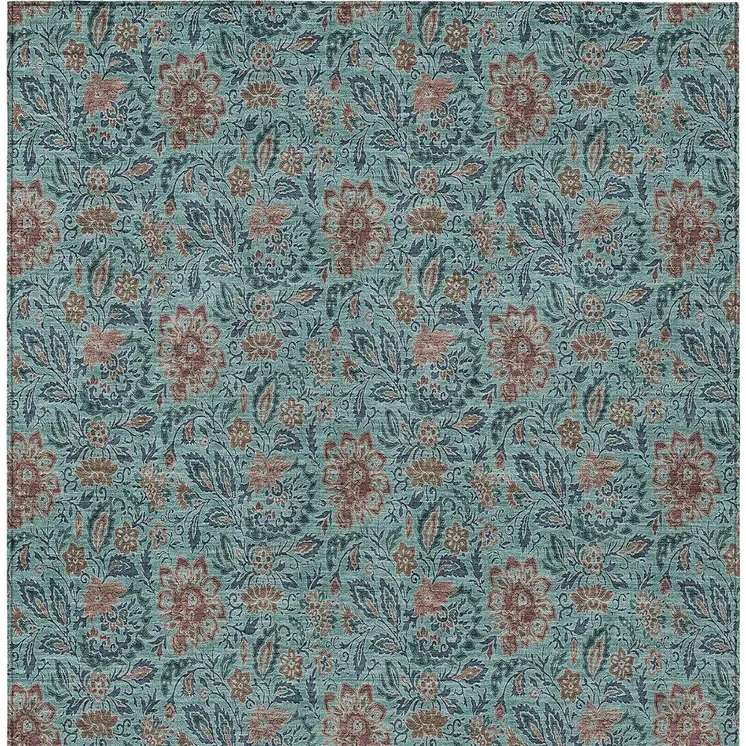 10' X 14' Teal Blue Brown And Taupe Floral Washable Indoor Outdoor Area Rug