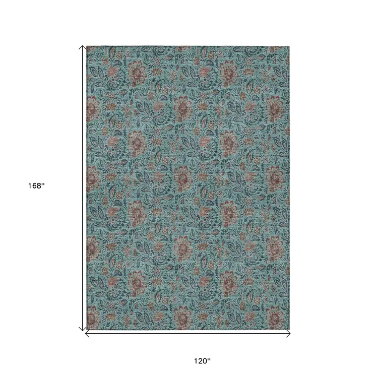 10' X 14' Teal Blue Brown And Taupe Floral Washable Indoor Outdoor Area Rug