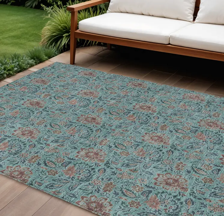 10' X 14' Teal Blue Brown And Taupe Floral Washable Indoor Outdoor Area Rug