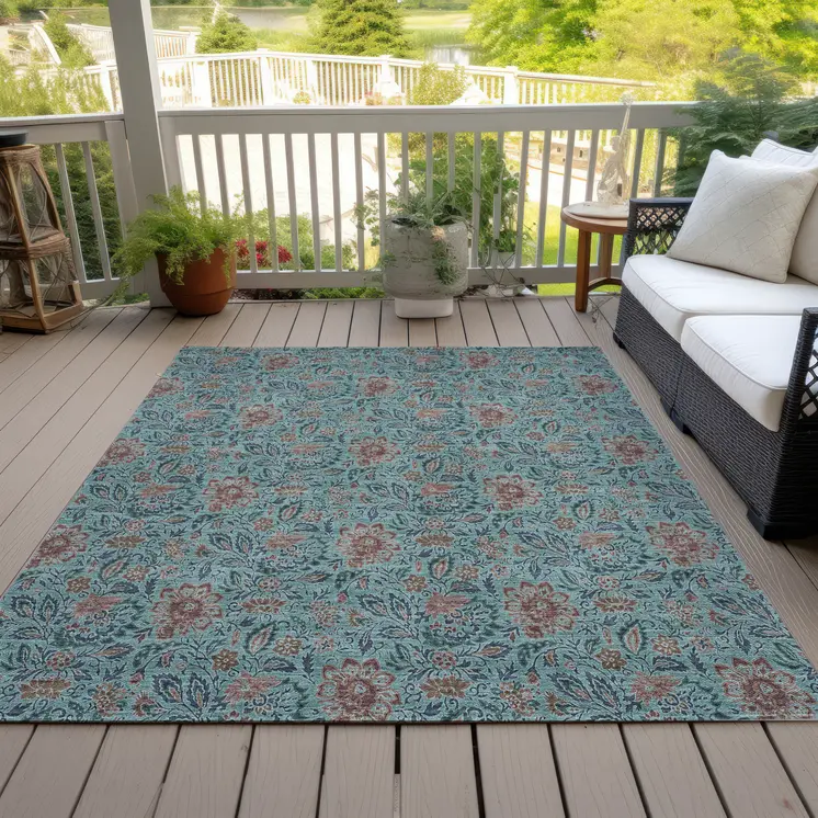 10' X 14' Teal Blue Brown And Taupe Floral Washable Indoor Outdoor Area Rug