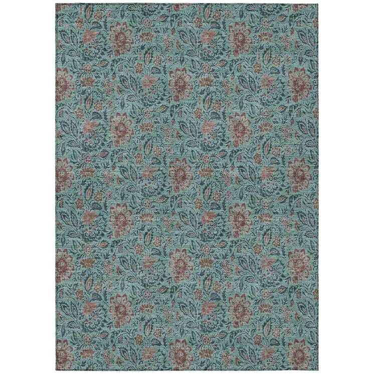 10' X 14' Teal Blue Brown And Taupe Floral Washable Indoor Outdoor Area Rug