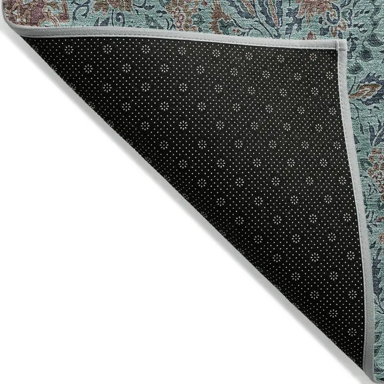 10' X 14' Teal Blue Brown And Taupe Floral Washable Indoor Outdoor Area Rug