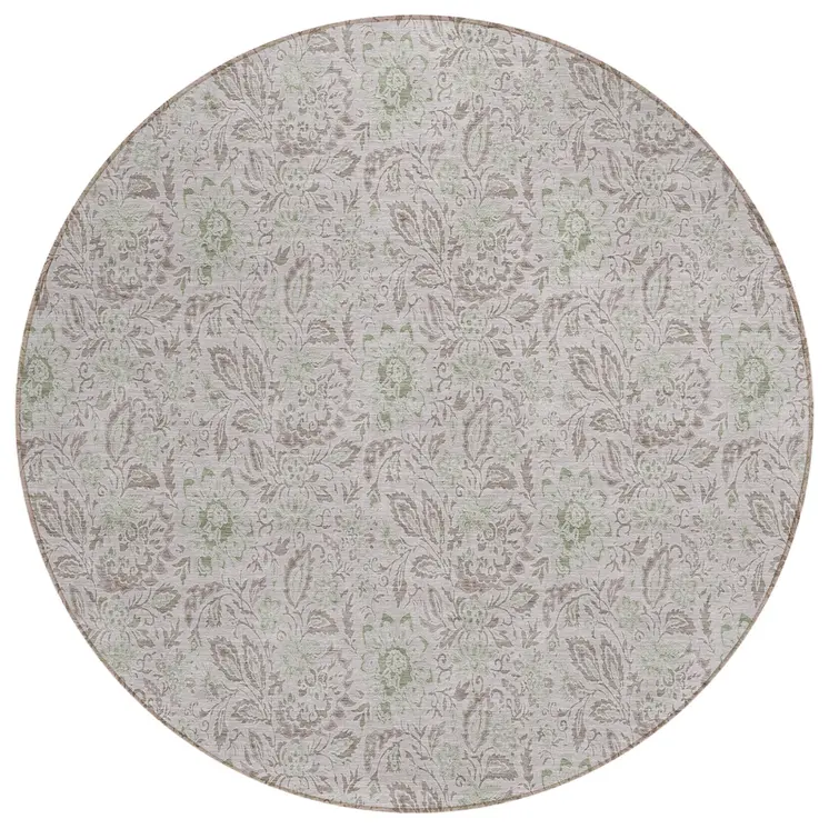 8' Taupe Beige And Brown Round Floral Washable Indoor Outdoor Area Rug