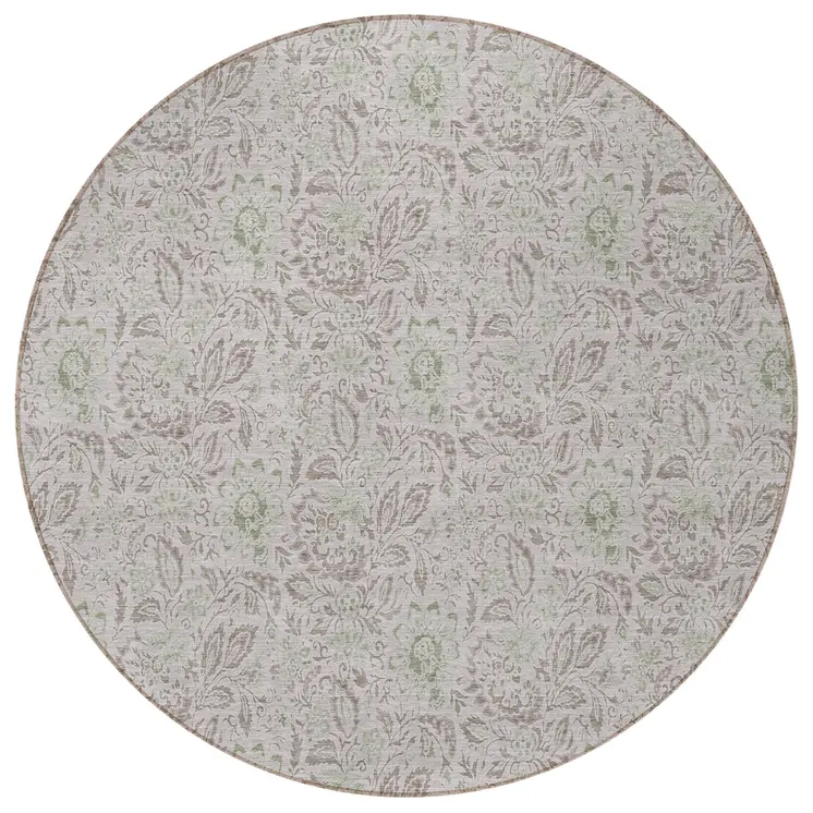 8' Taupe Beige And Brown Round Floral Washable Indoor Outdoor Area Rug