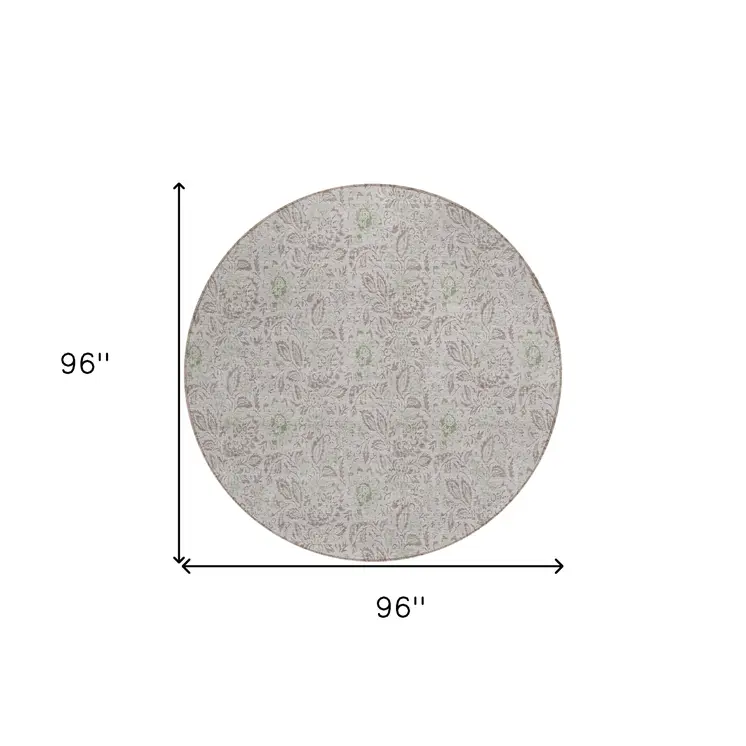 8' Taupe Beige And Brown Round Floral Washable Indoor Outdoor Area Rug