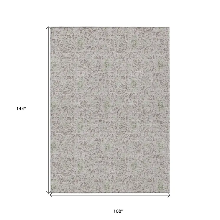 9' X 12' Taupe Beige And Brown Floral Washable Indoor Outdoor Area Rug