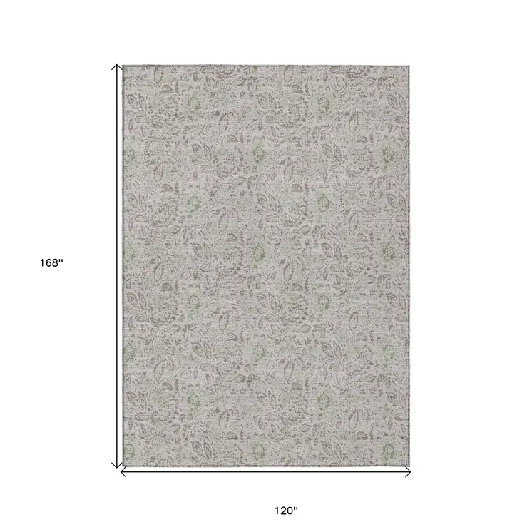 10' X 14' Taupe Beige And Brown Floral Washable Indoor Outdoor Area Rug