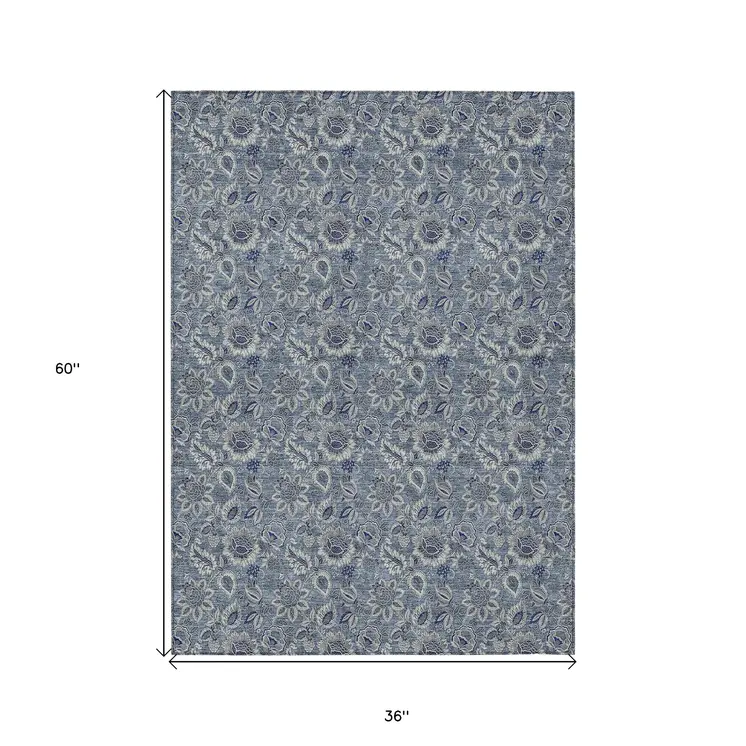 3' X 5' Denim Blue And Navy Blue Floral Washable Indoor Outdoor Area Rug