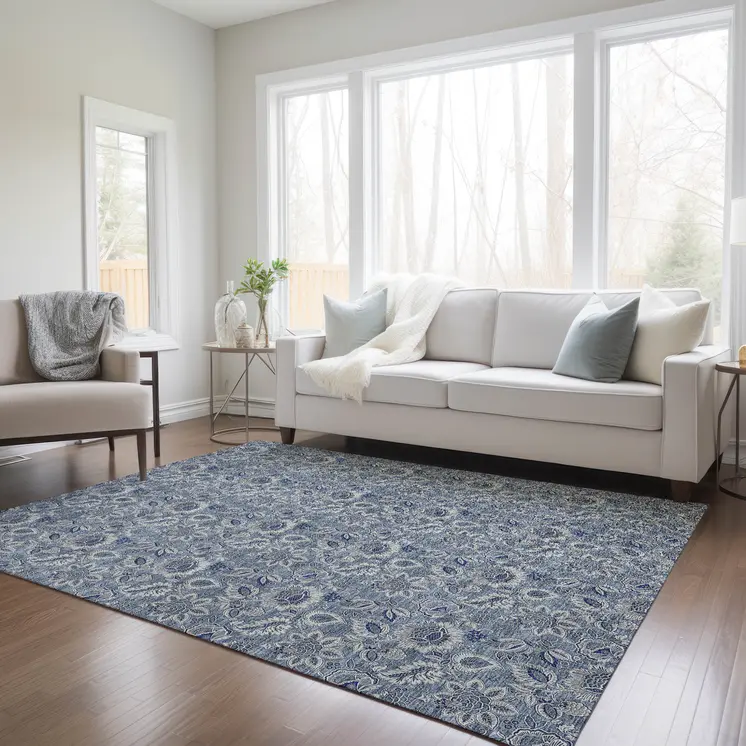 3' X 5' Denim Blue And Navy Blue Floral Washable Indoor Outdoor Area Rug