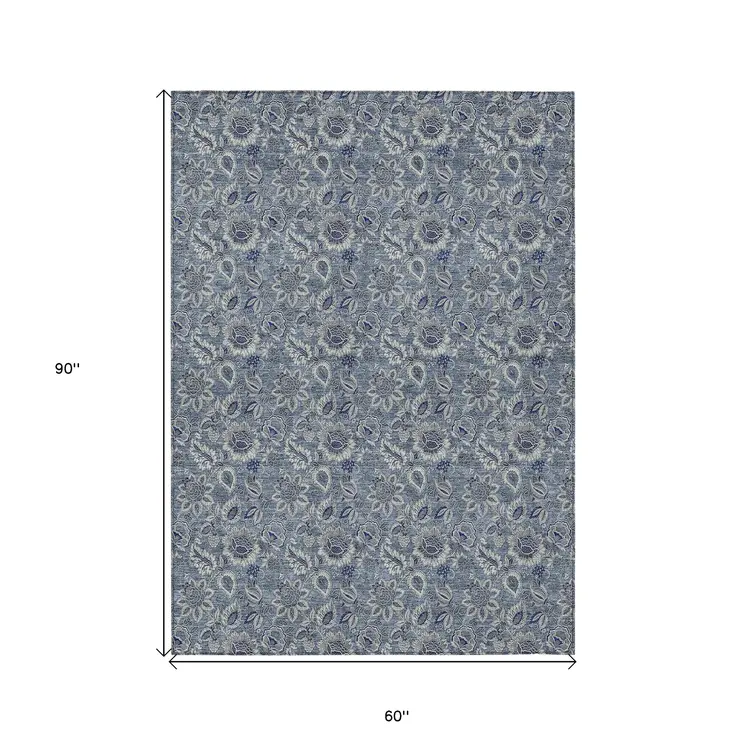 5' X 8' Denim Blue And Navy Blue Floral Washable Indoor Outdoor Area Rug