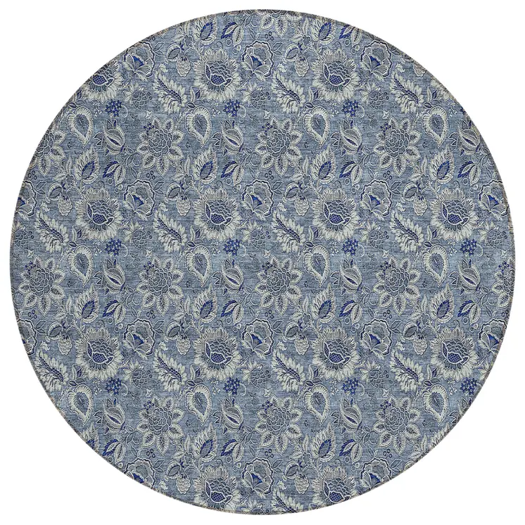 8' Denim Blue And Navy Blue Round Floral Washable Indoor Outdoor Area Rug