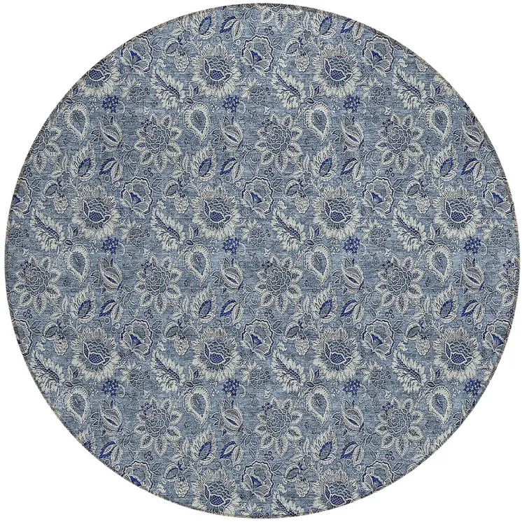 8' Denim Blue And Navy Blue Round Floral Washable Indoor Outdoor Area Rug