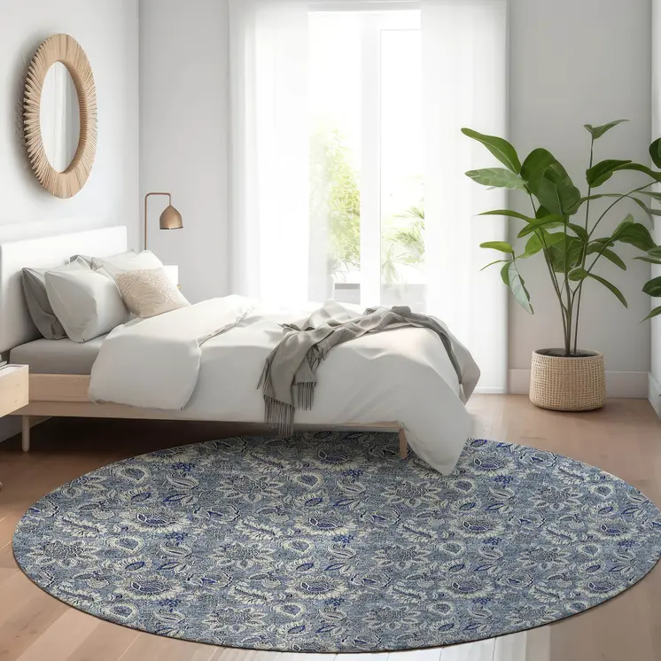 8' Denim Blue And Navy Blue Round Floral Washable Indoor Outdoor Area Rug