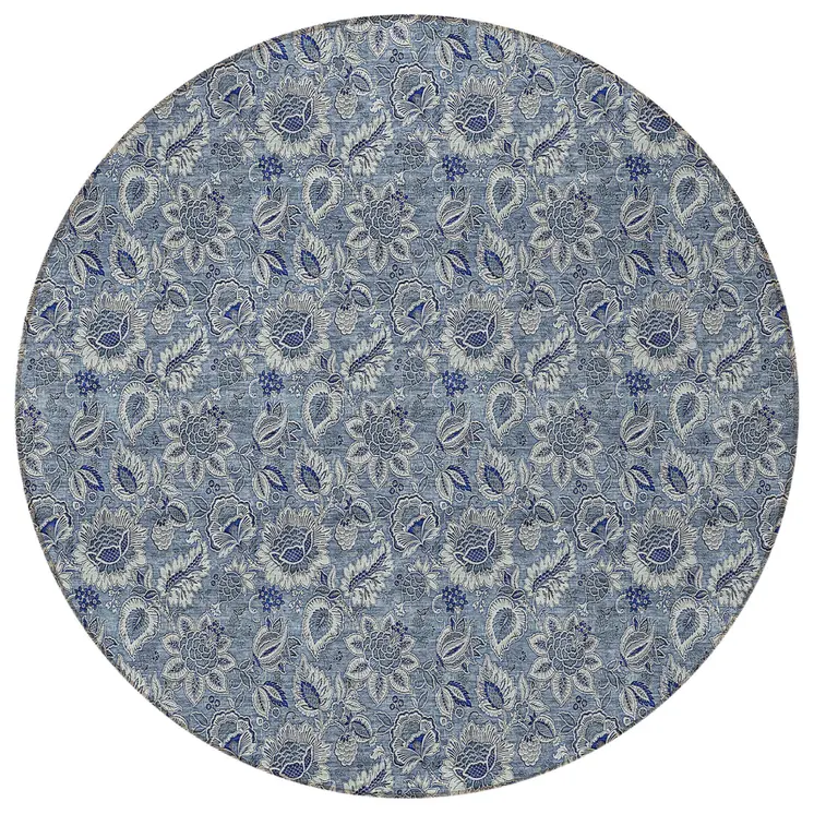 8' Denim Blue And Navy Blue Round Floral Washable Indoor Outdoor Area Rug