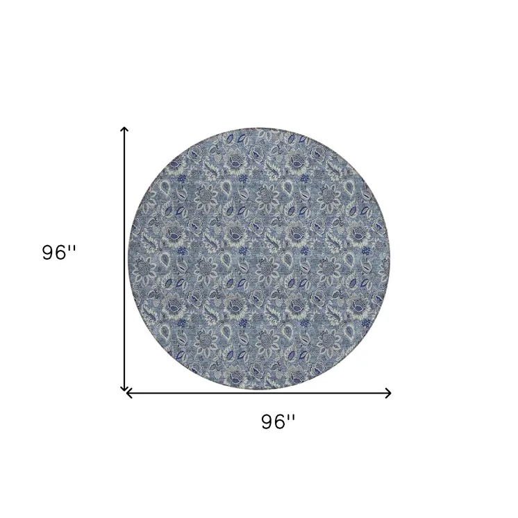 8' Denim Blue And Navy Blue Round Floral Washable Indoor Outdoor Area Rug