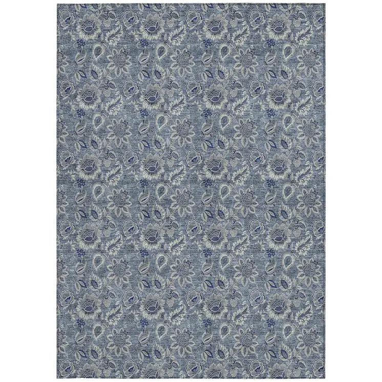 9' X 12' Denim Blue And Navy Blue Floral Washable Indoor Outdoor Area Rug