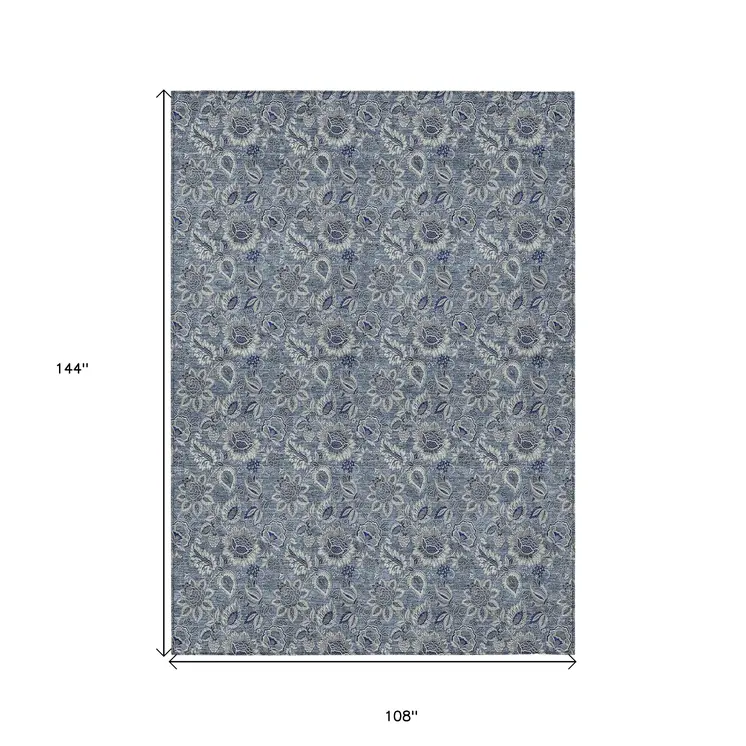 9' X 12' Denim Blue And Navy Blue Floral Washable Indoor Outdoor Area Rug