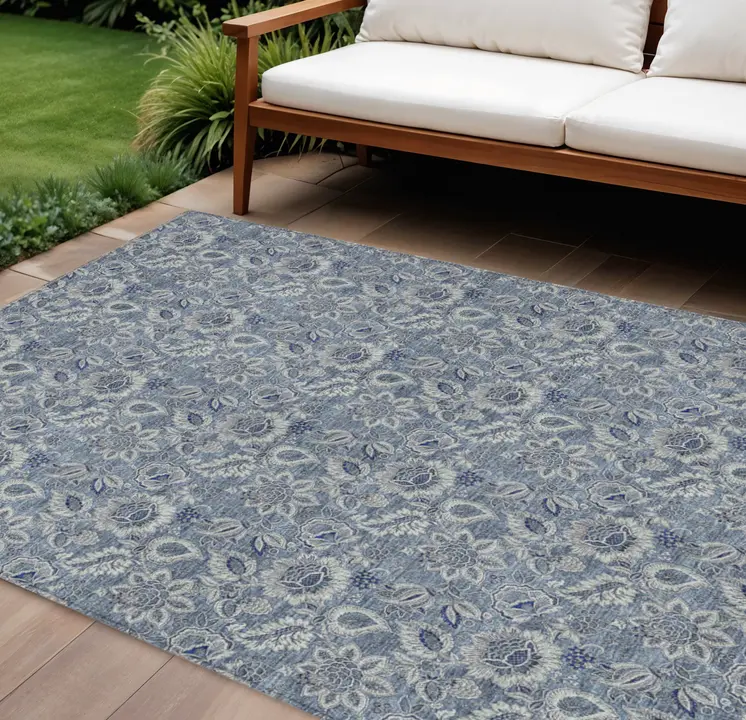 9' X 12' Denim Blue And Navy Blue Floral Washable Indoor Outdoor Area Rug