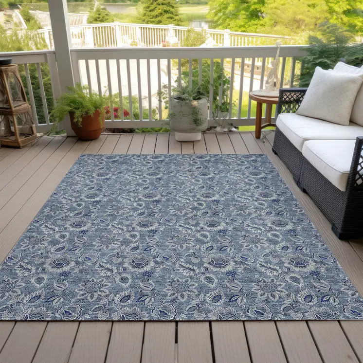 9' X 12' Denim Blue And Navy Blue Floral Washable Indoor Outdoor Area Rug