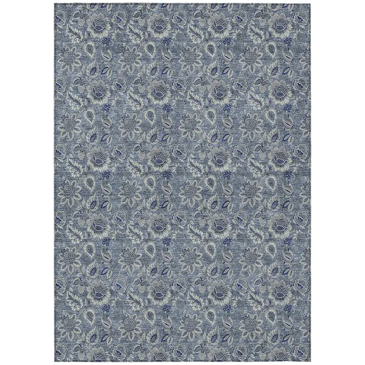 9' X 12' Denim Blue And Navy Blue Floral Washable Indoor Outdoor Area Rug