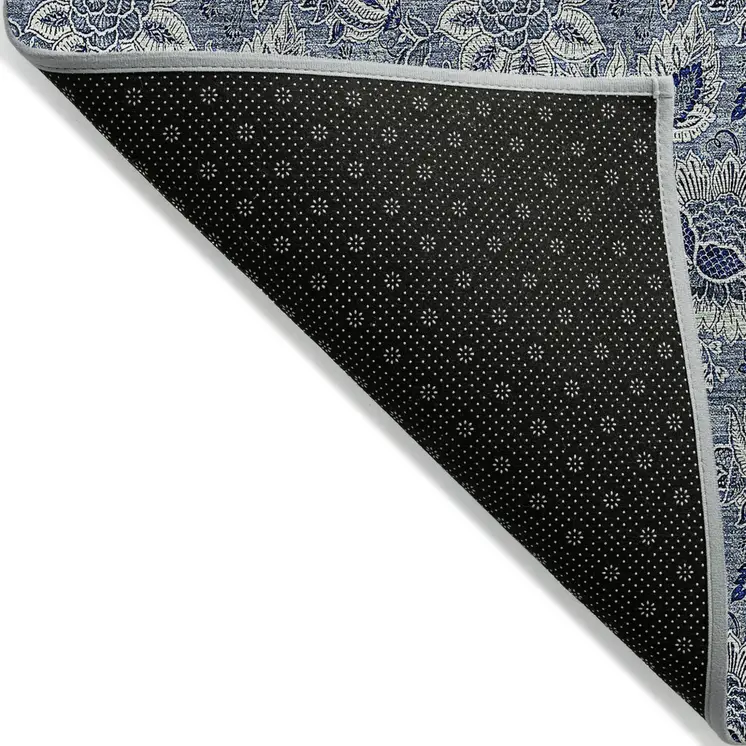 9' X 12' Denim Blue And Navy Blue Floral Washable Indoor Outdoor Area Rug