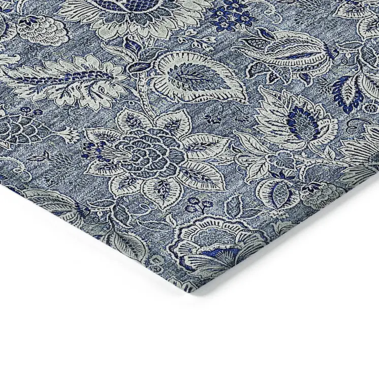 9' X 12' Denim Blue And Navy Blue Floral Washable Indoor Outdoor Area Rug