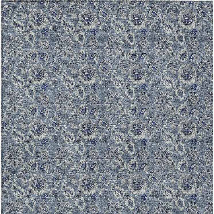 9' X 12' Denim Blue And Navy Blue Floral Washable Indoor Outdoor Area Rug
