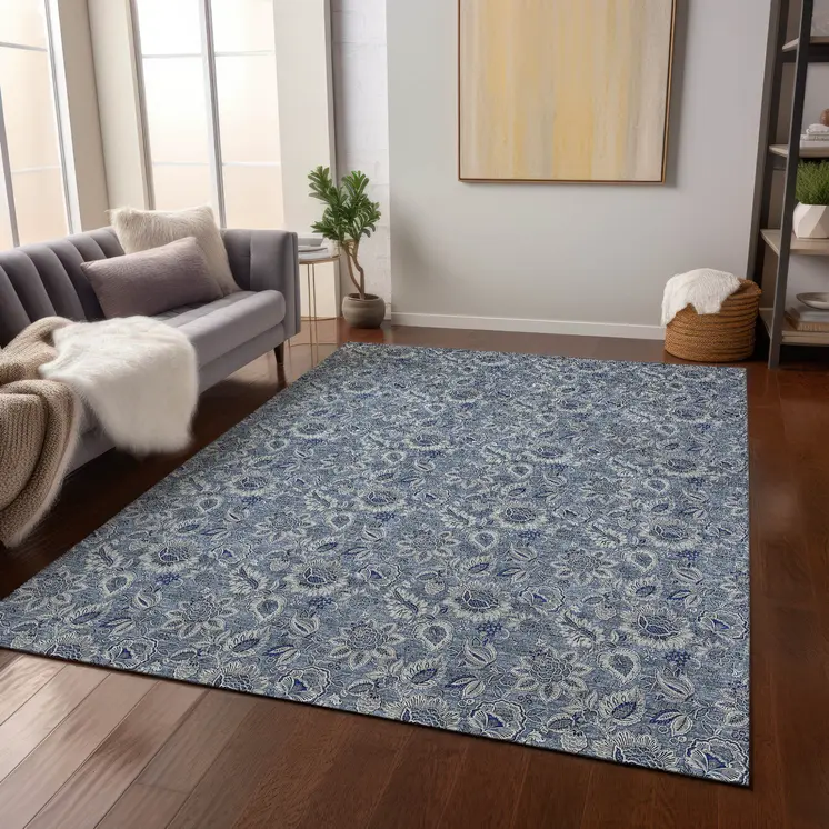 9' X 12' Denim Blue And Navy Blue Floral Washable Indoor Outdoor Area Rug