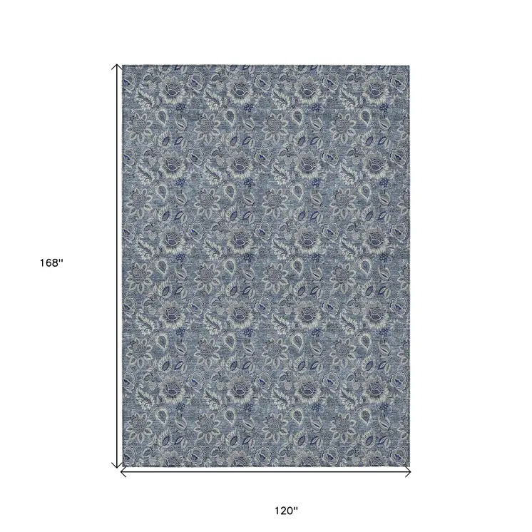 10' X 14' Denim Blue And Navy Blue Floral Washable Indoor Outdoor Area Rug